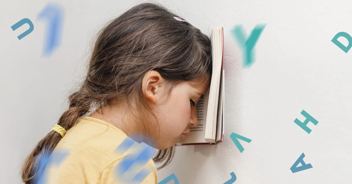 Child with book and floating letters representing reading difficulty